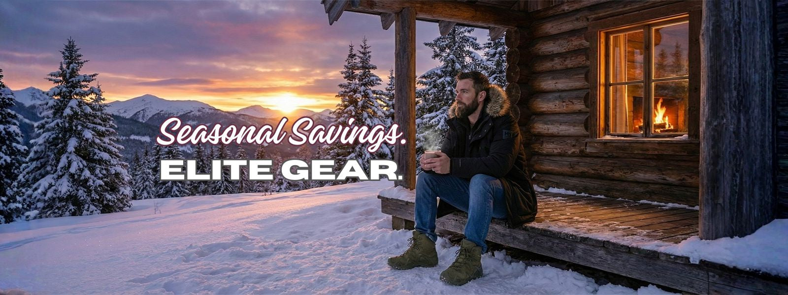 male model wearing a Helly Hansen parka and LOWA Zephyr boots sitting outside a cabin