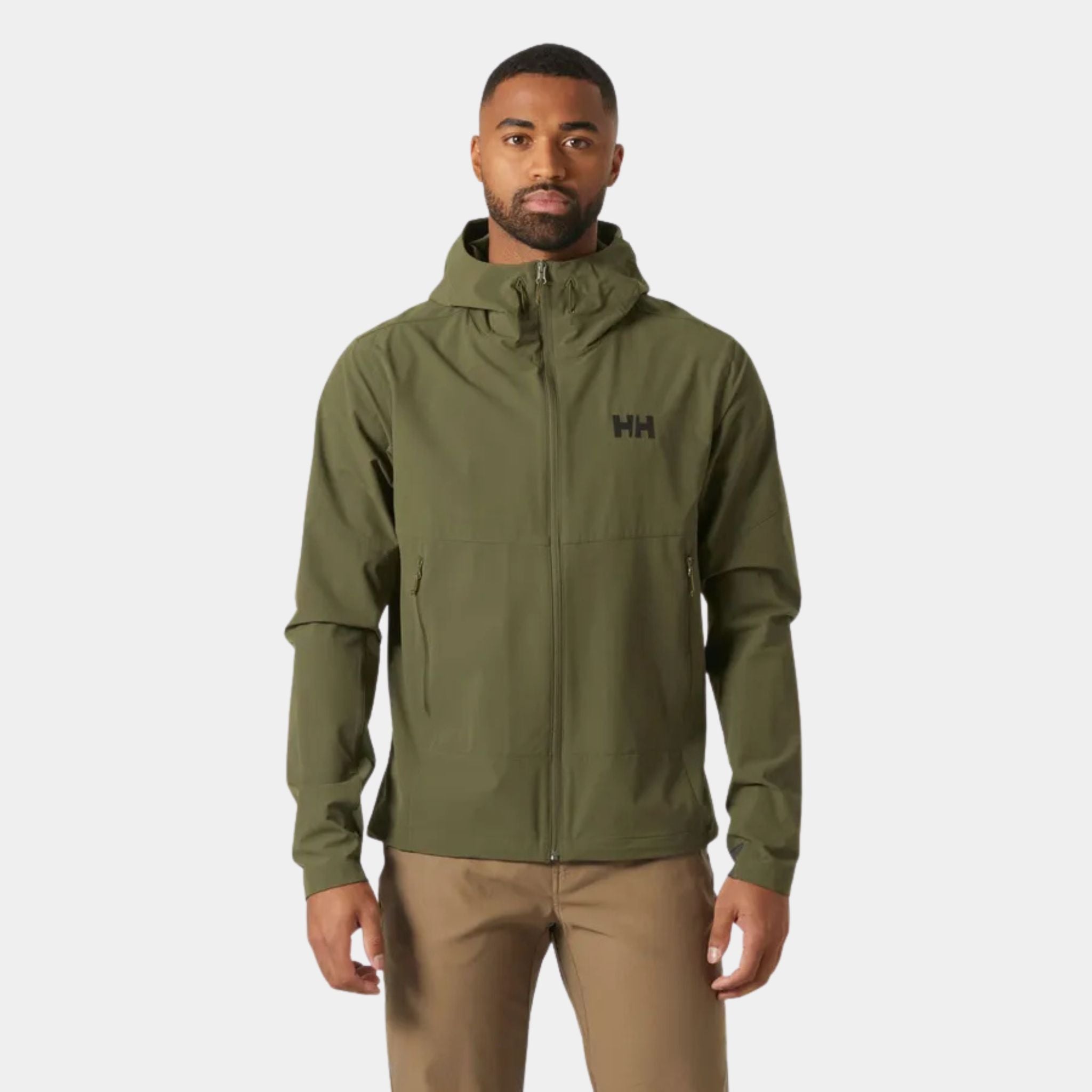 Man wearing the Utility Green Helly Hansen Blaze Softshell Hooded Jacket Front View at U.S. Elite