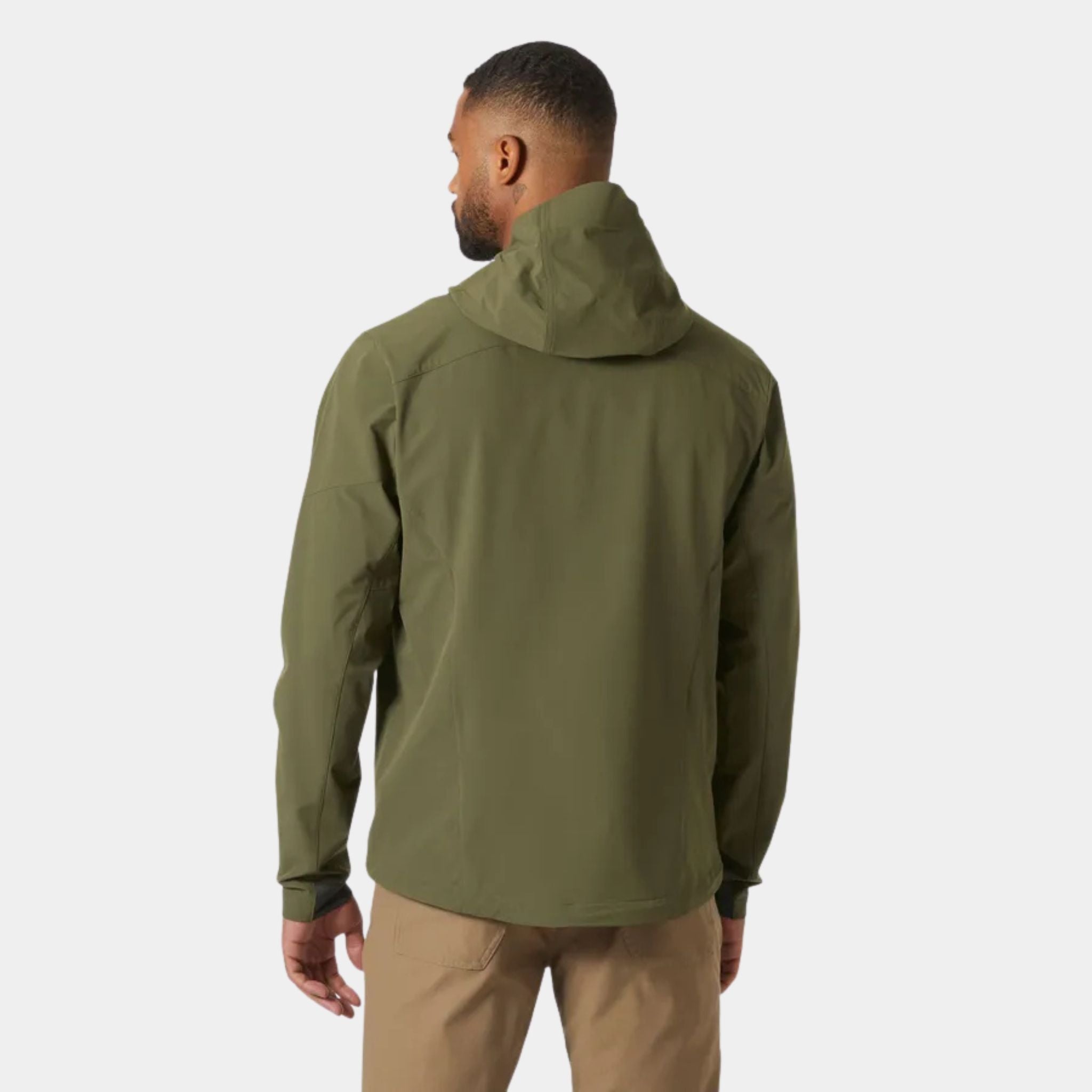 Back View of the Utility Green Helly Hansen Blaze Softshell Hooded Jacket being worn by a male model at U.S. Elite