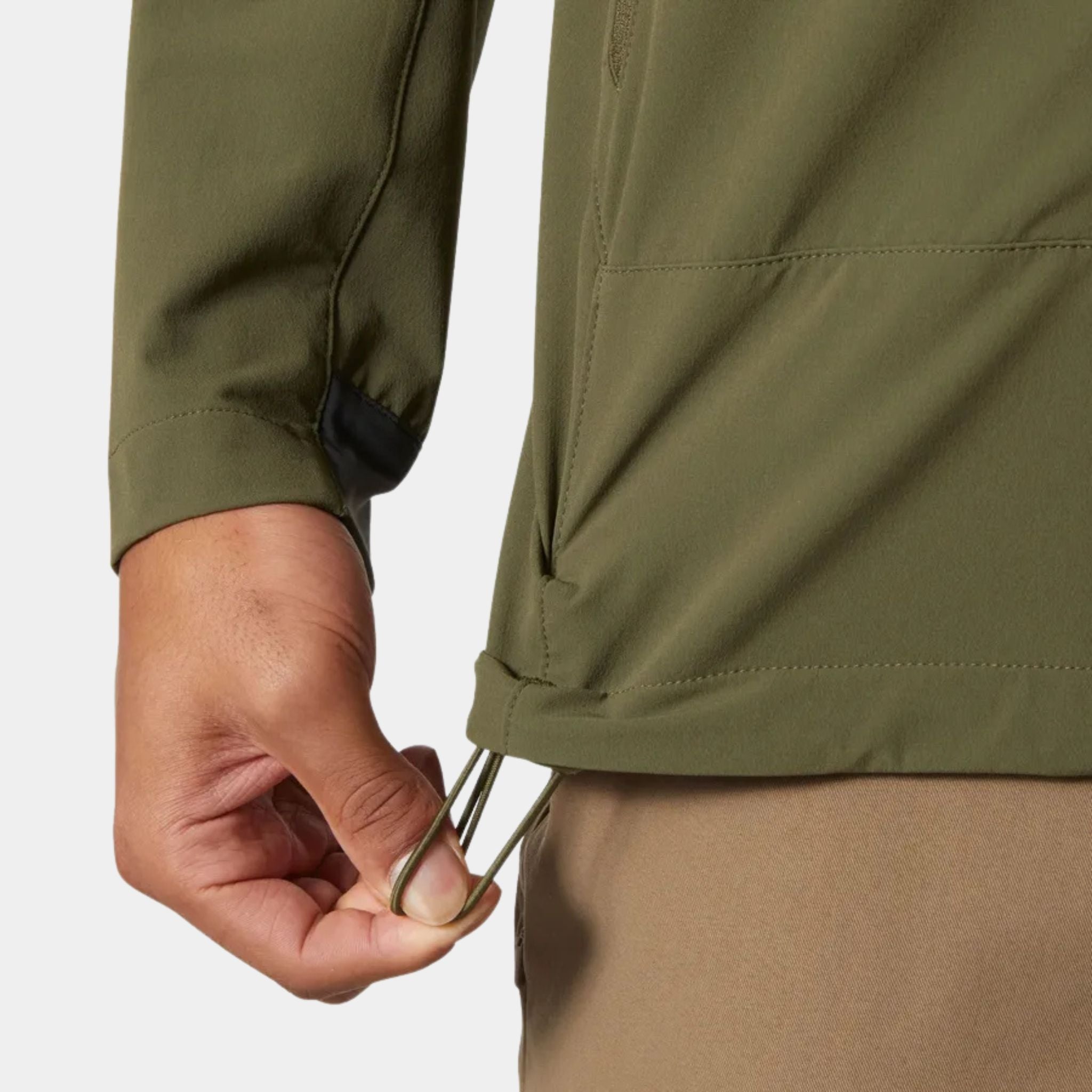 Adjustable Hem cord on the Utility Green Helly Hansen Blaze Softshell Hooded Jacket at U.S. Elite