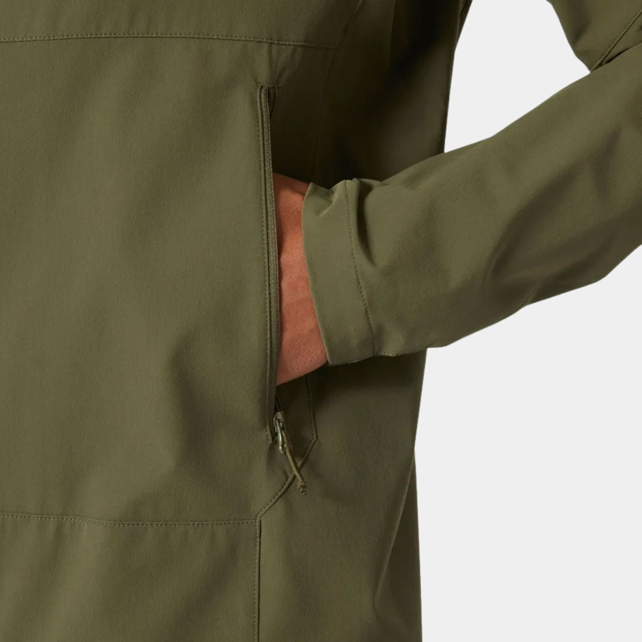 Pocket closeup of the Utility Green Helly Hansen Blaze Softshell Hooded Jacket at U.S. Elite