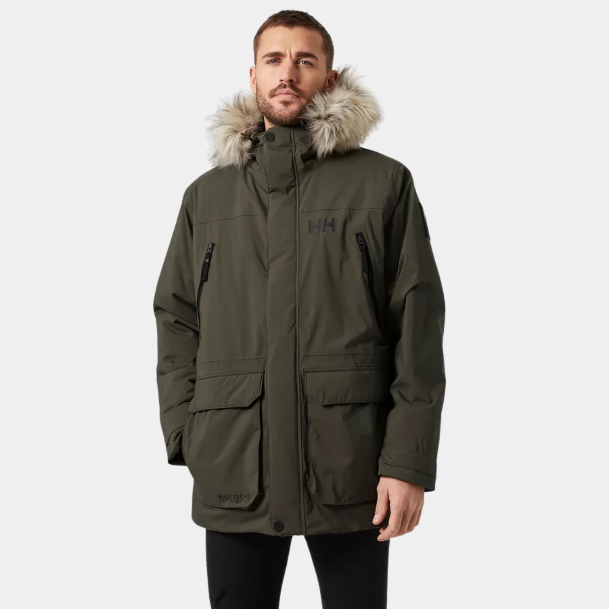 Male Model wearing a Utility Green Helly Hansen Reine Parka