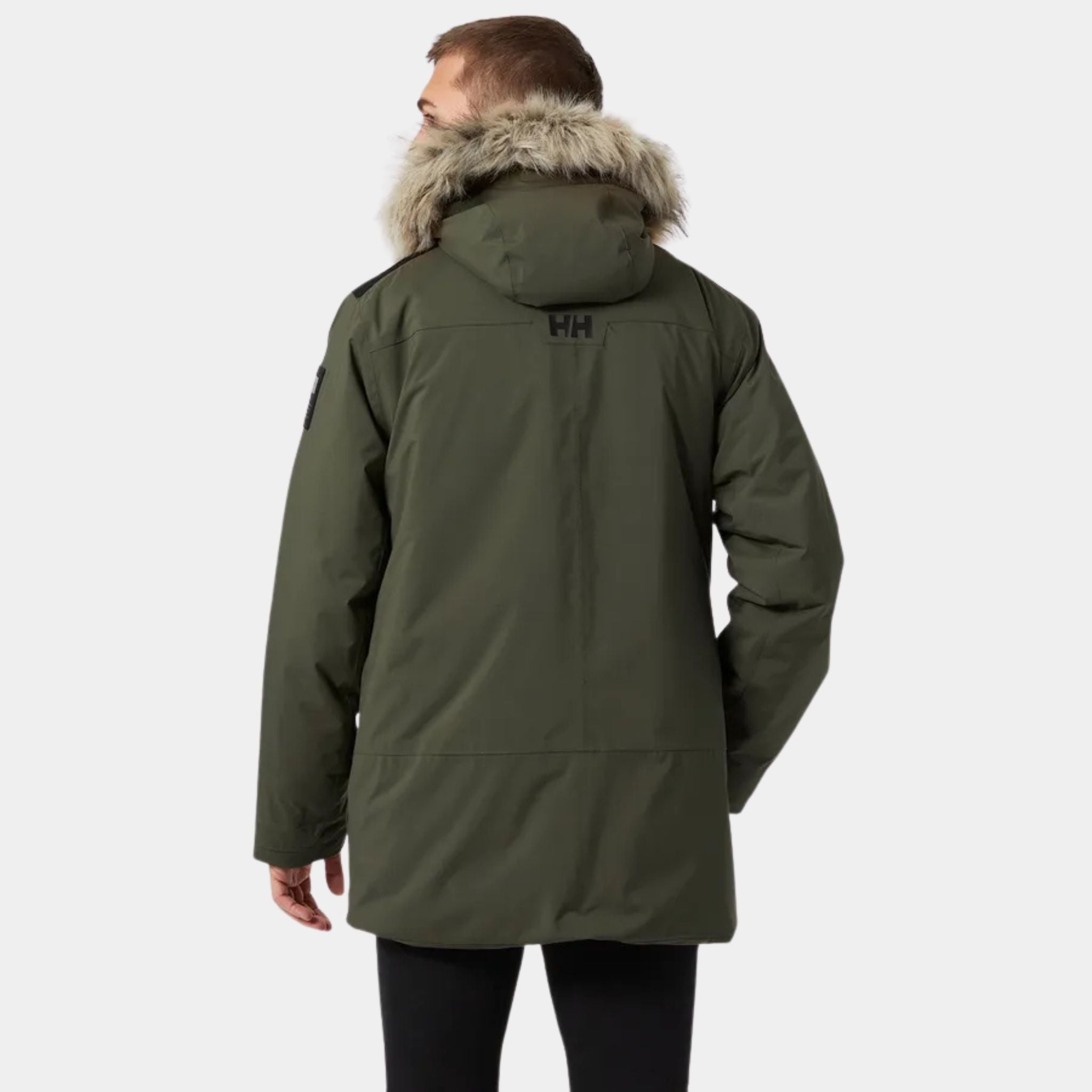 Back view of a Male Model wearing the Helly Hansen Reine Parka in Utility Green