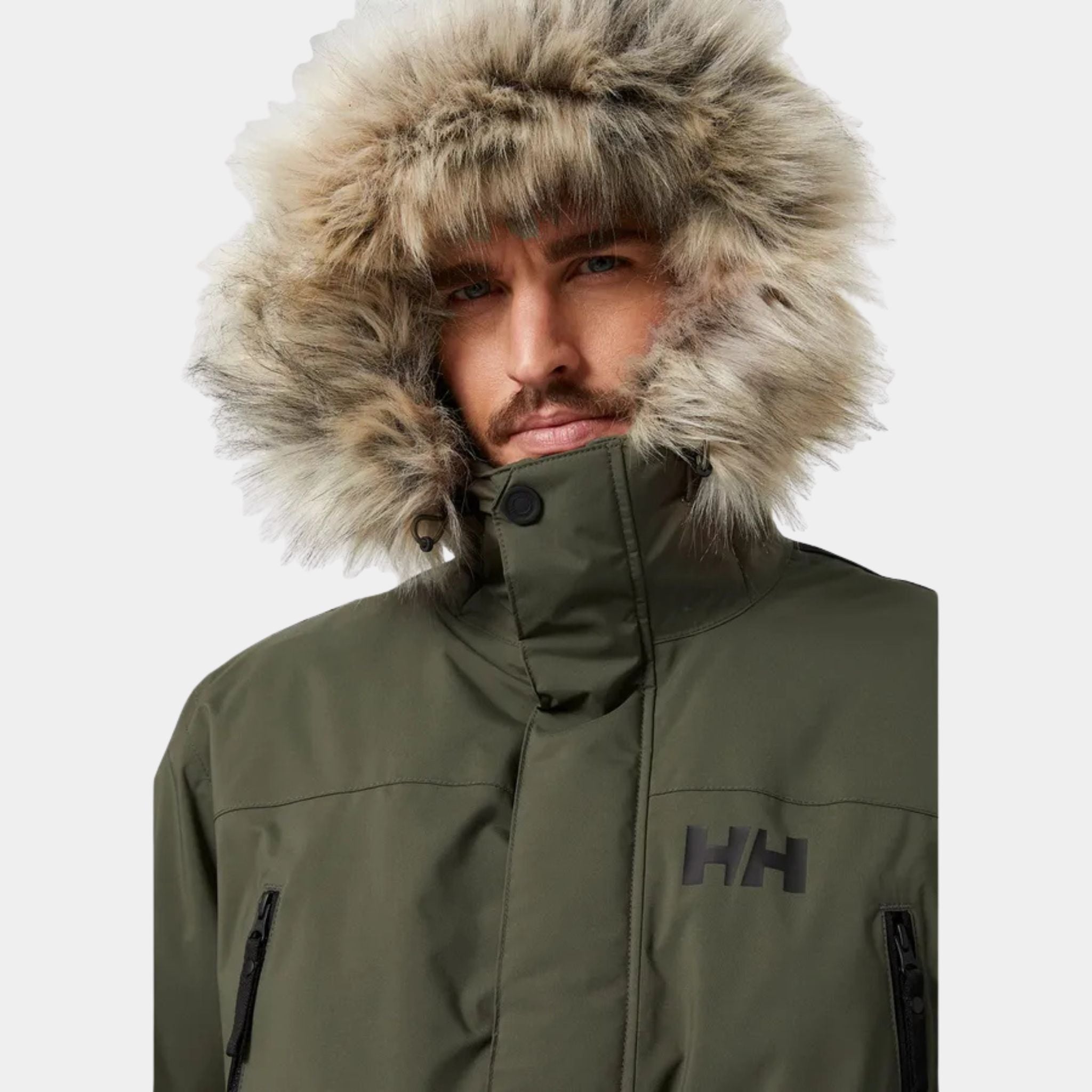 Close Up of the Helly Hansen Reine Parka in duty Green being worn by a male model