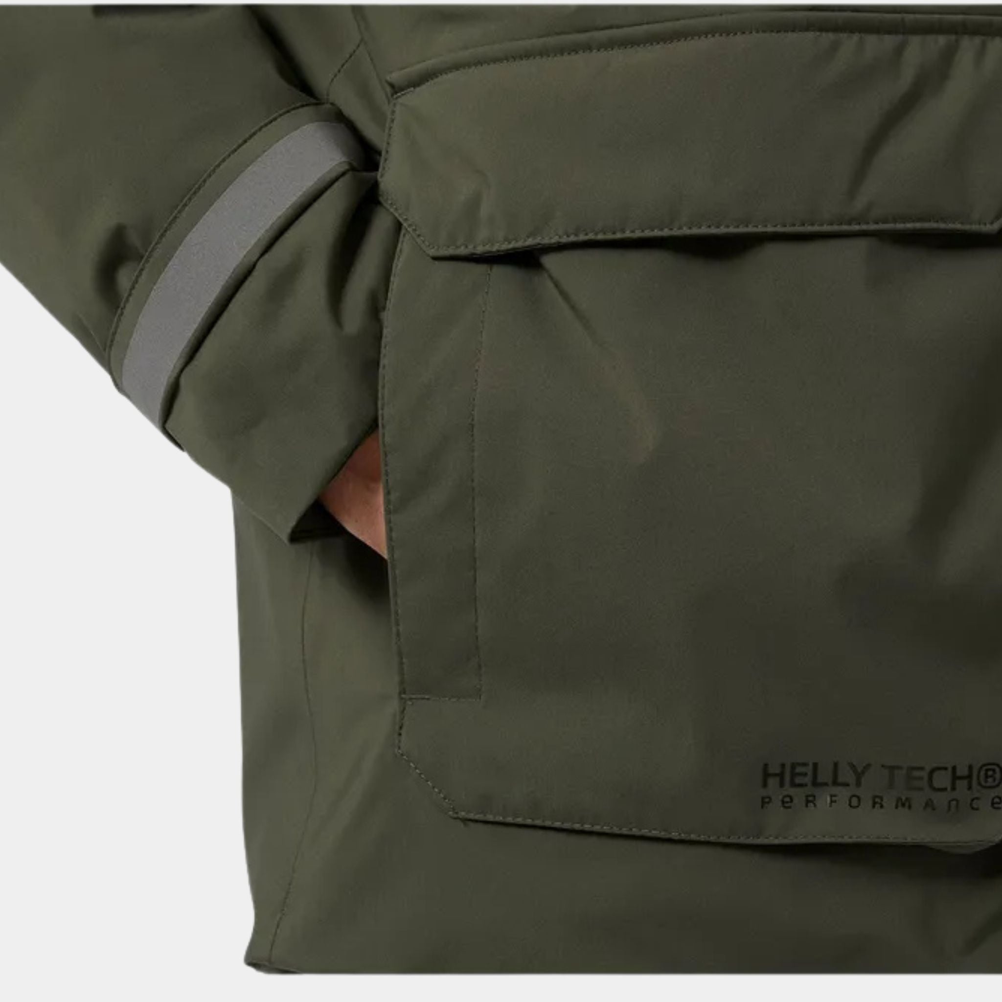 Close-up of the pockets and reflective tape n a Utility Green Helly Hansen Reine Parka