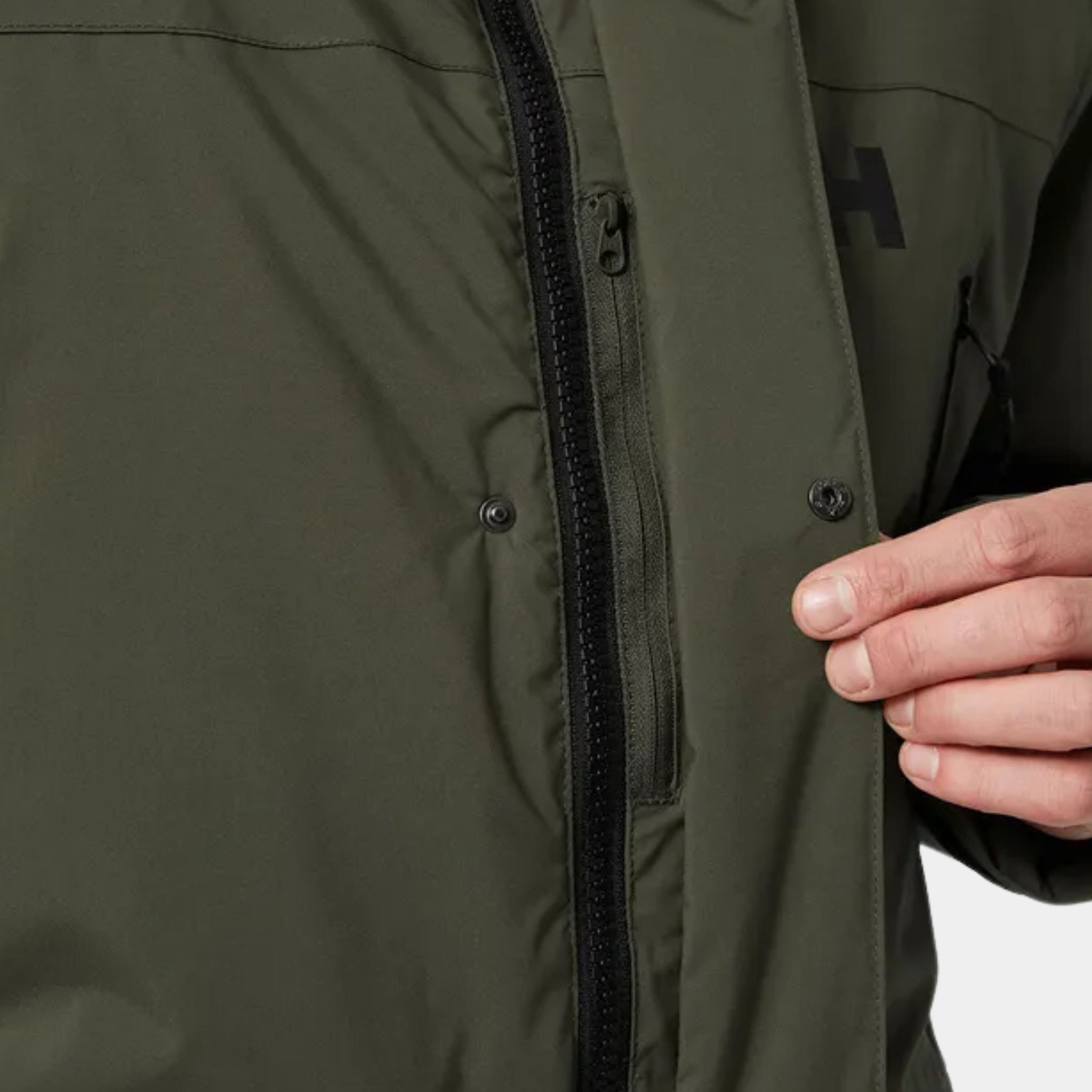 Close-up of the front zippers on a Helly Hansen Reine Parka in Utility Green