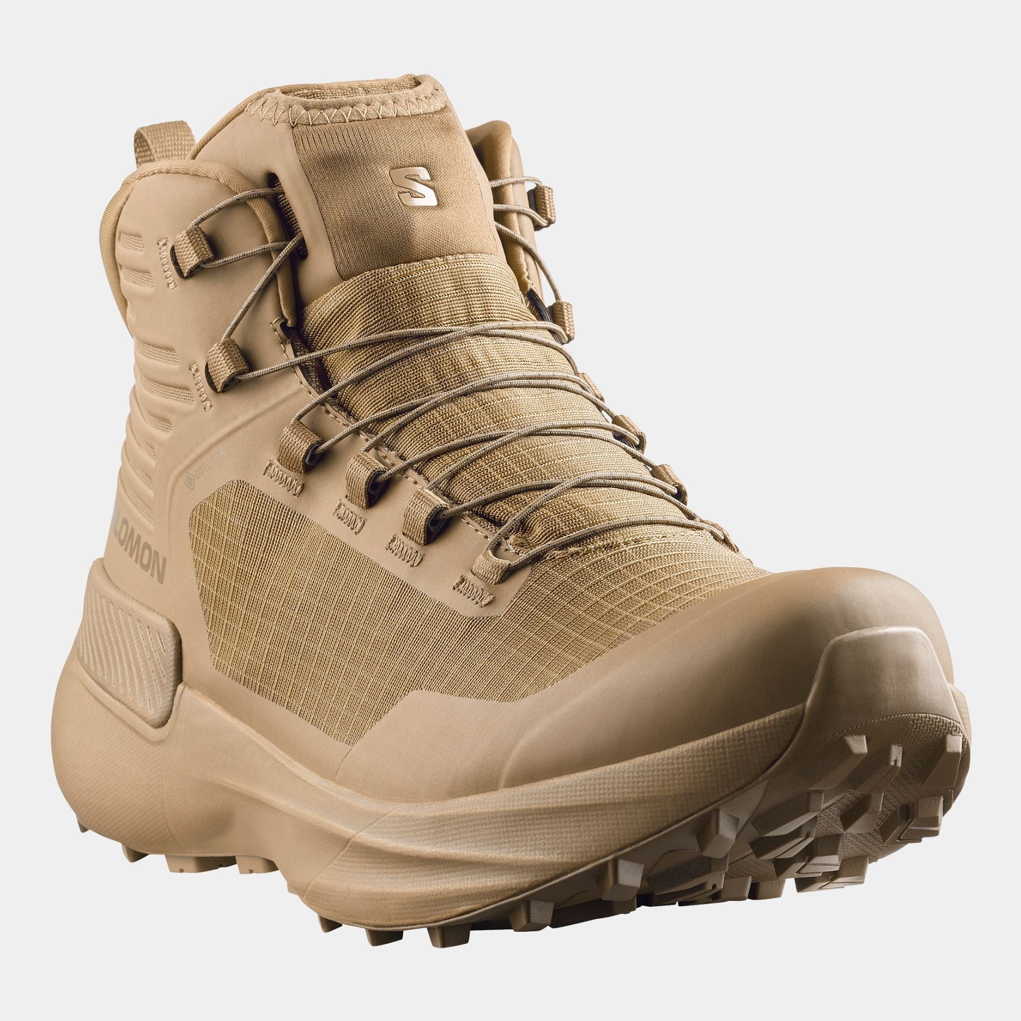 45 degree view of the Salomon FORCES Genesis GTX in Coyote