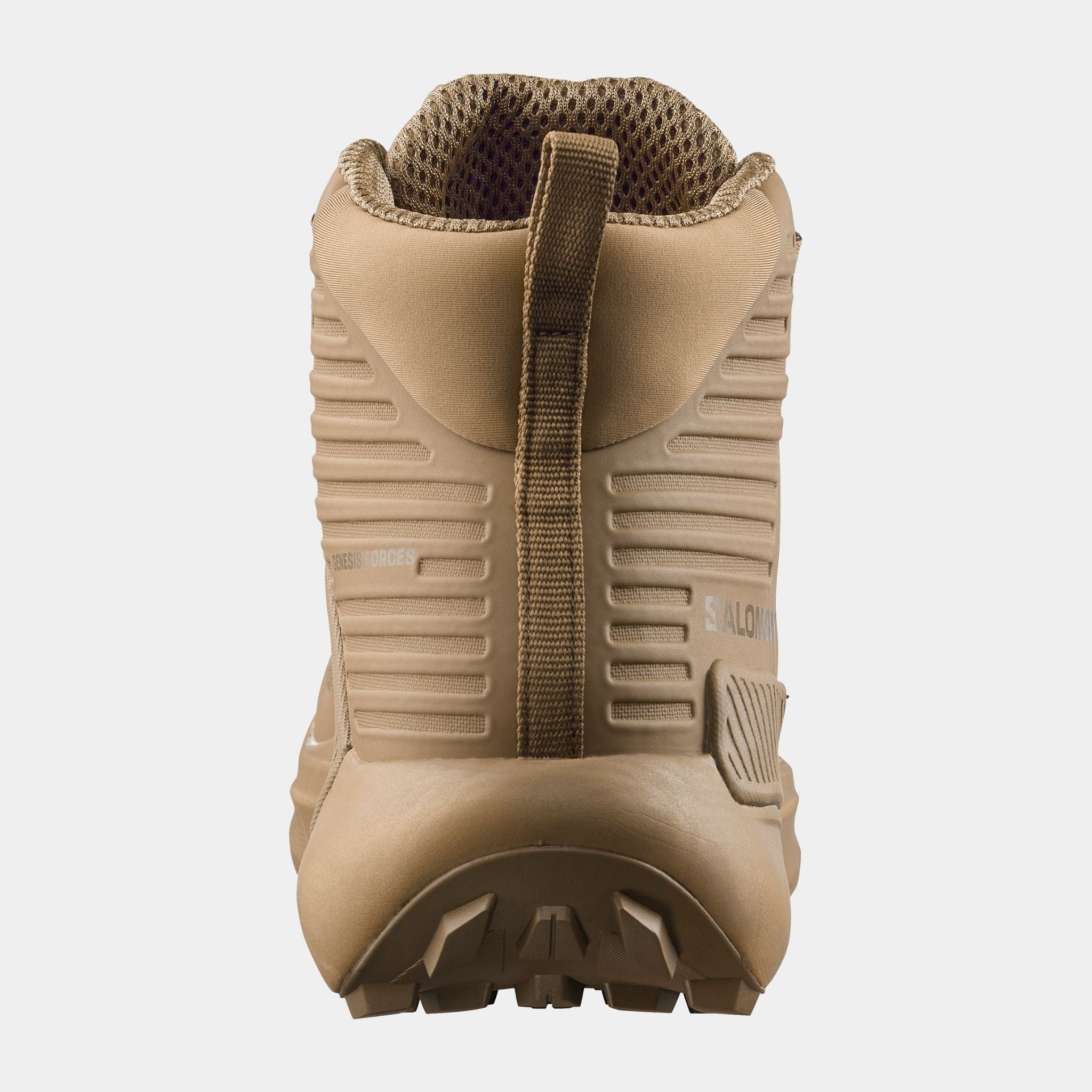 Coyote Brown Salomon Genesis shown from the rear on a light gray background.