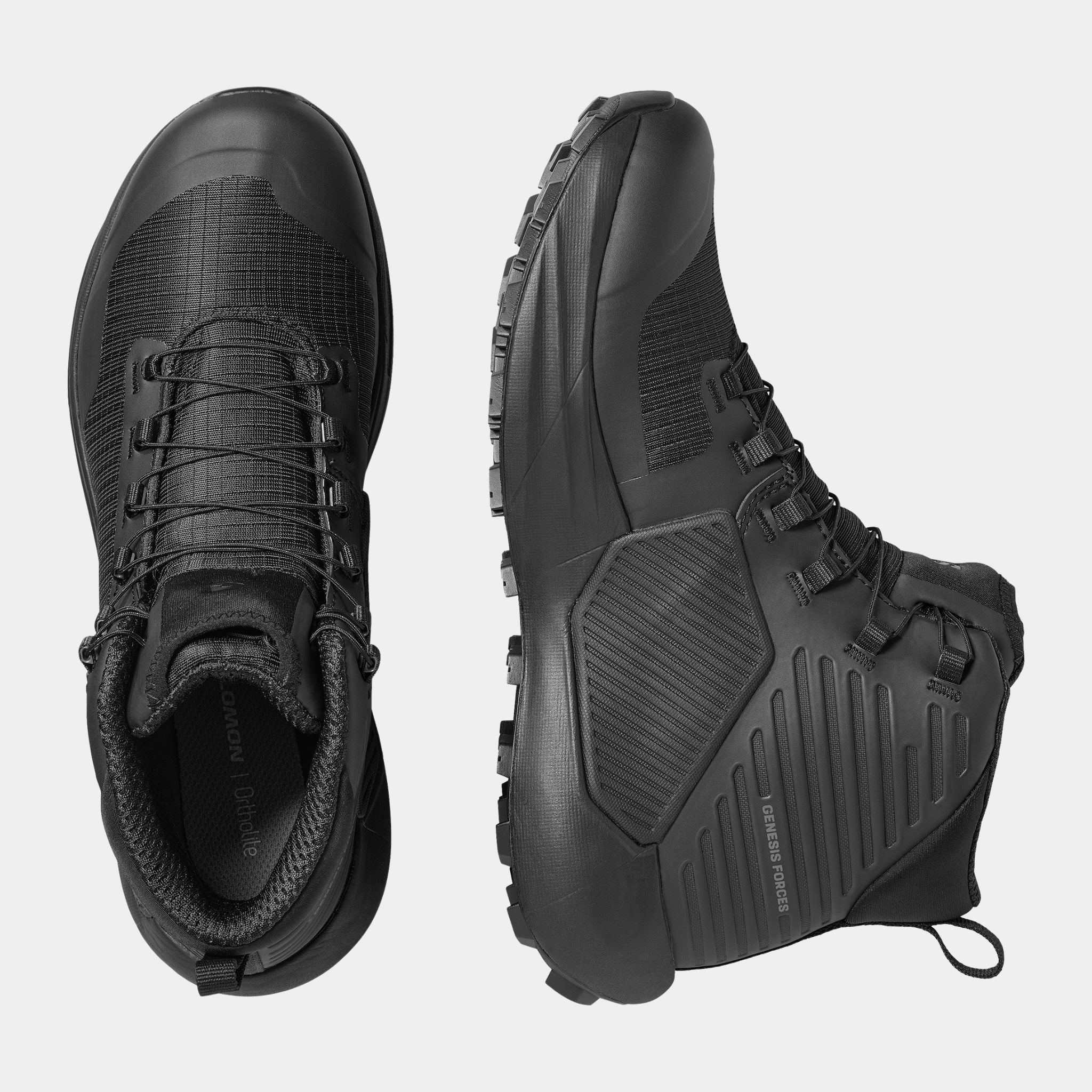 A pair of black Salomon Genesis boots shown from the top and side views.