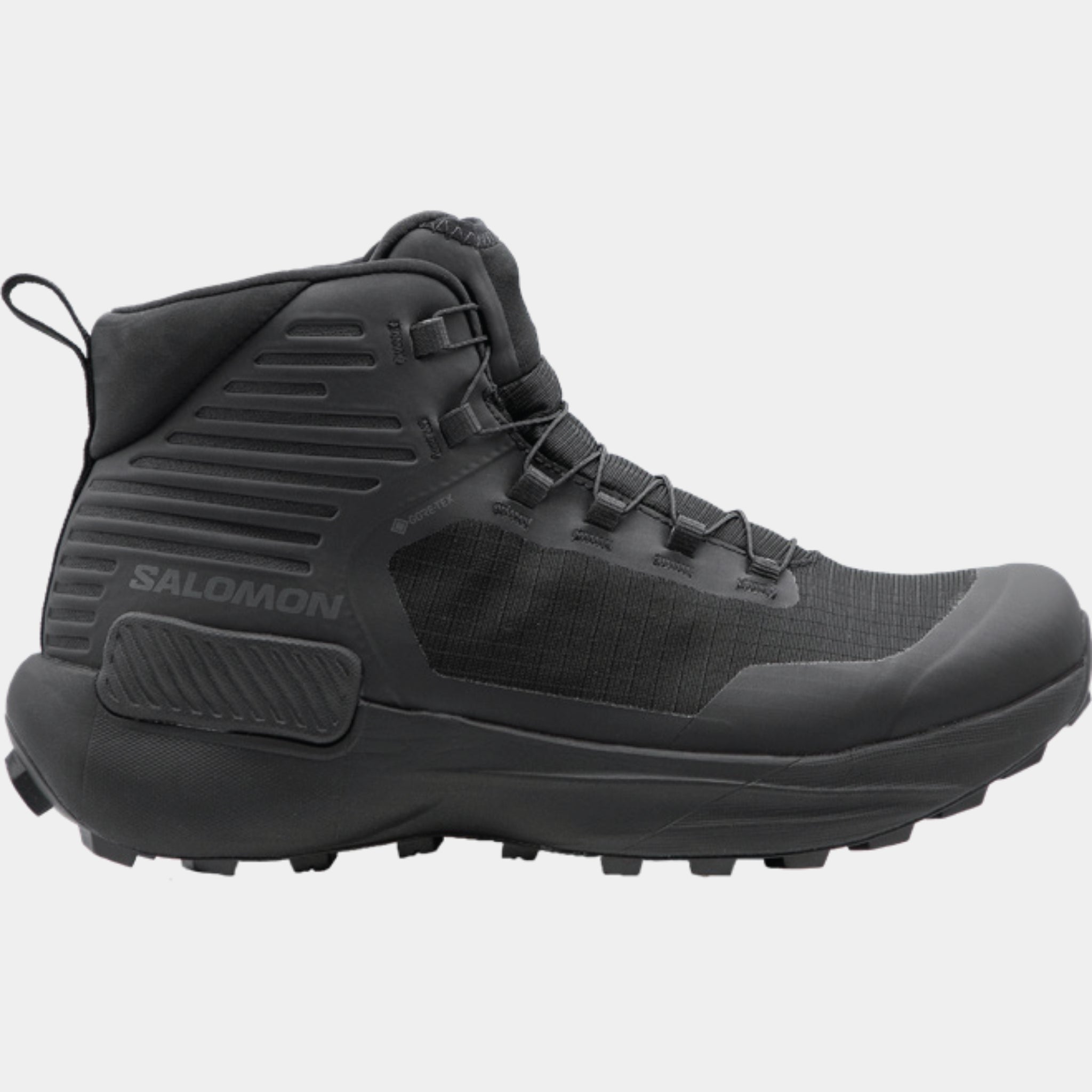 Salomon's New Water Proof Salomon Genesis Mid GTX Boot in Black Shown on a white background