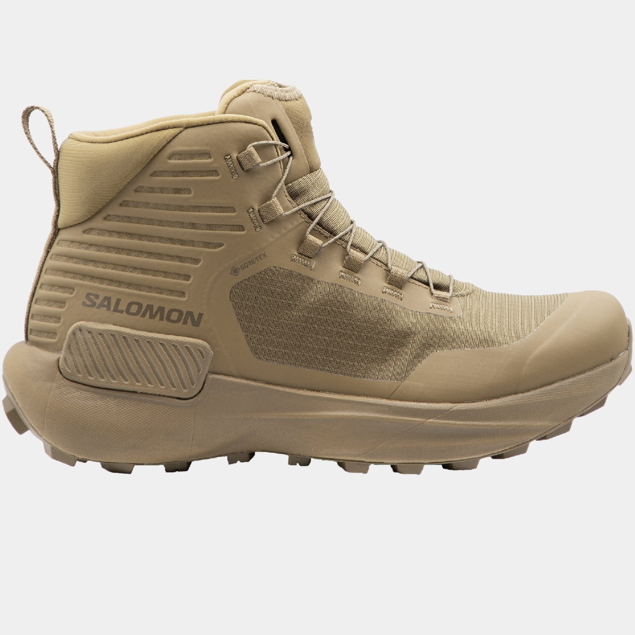 The New Water Proof Salomon Genesis Mid GTX Boot in Coyote Shown on a white background