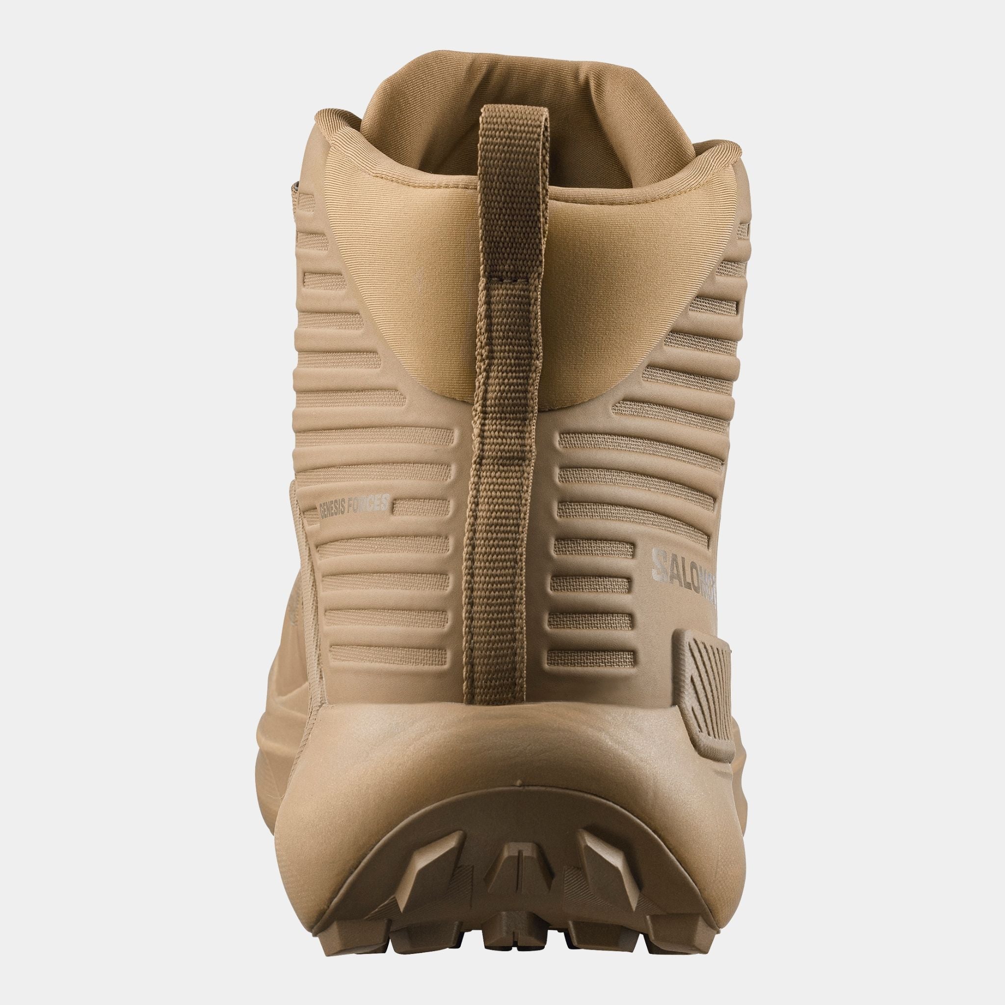 Back heel view of the Coyote version of the Salomon FORCES Genesis GTX