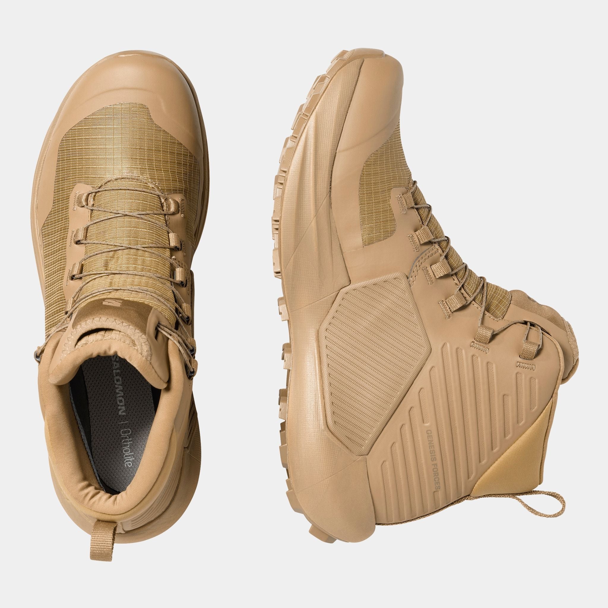 Top and Side view of the Salomon FORCES Genesis GTX in Coyote Brown